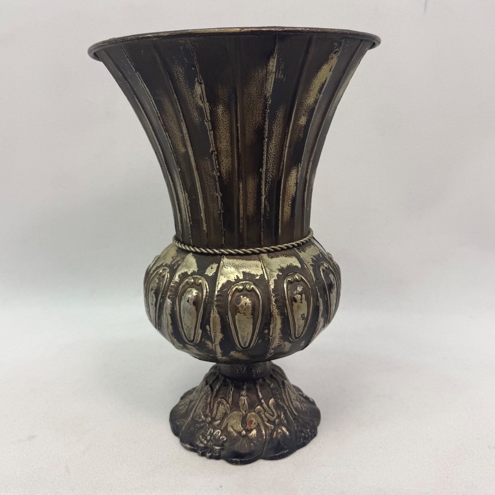 Vintage Distressed Metal Urn Vase Rustic Bronze Silver Pedestal Decor 10 inch